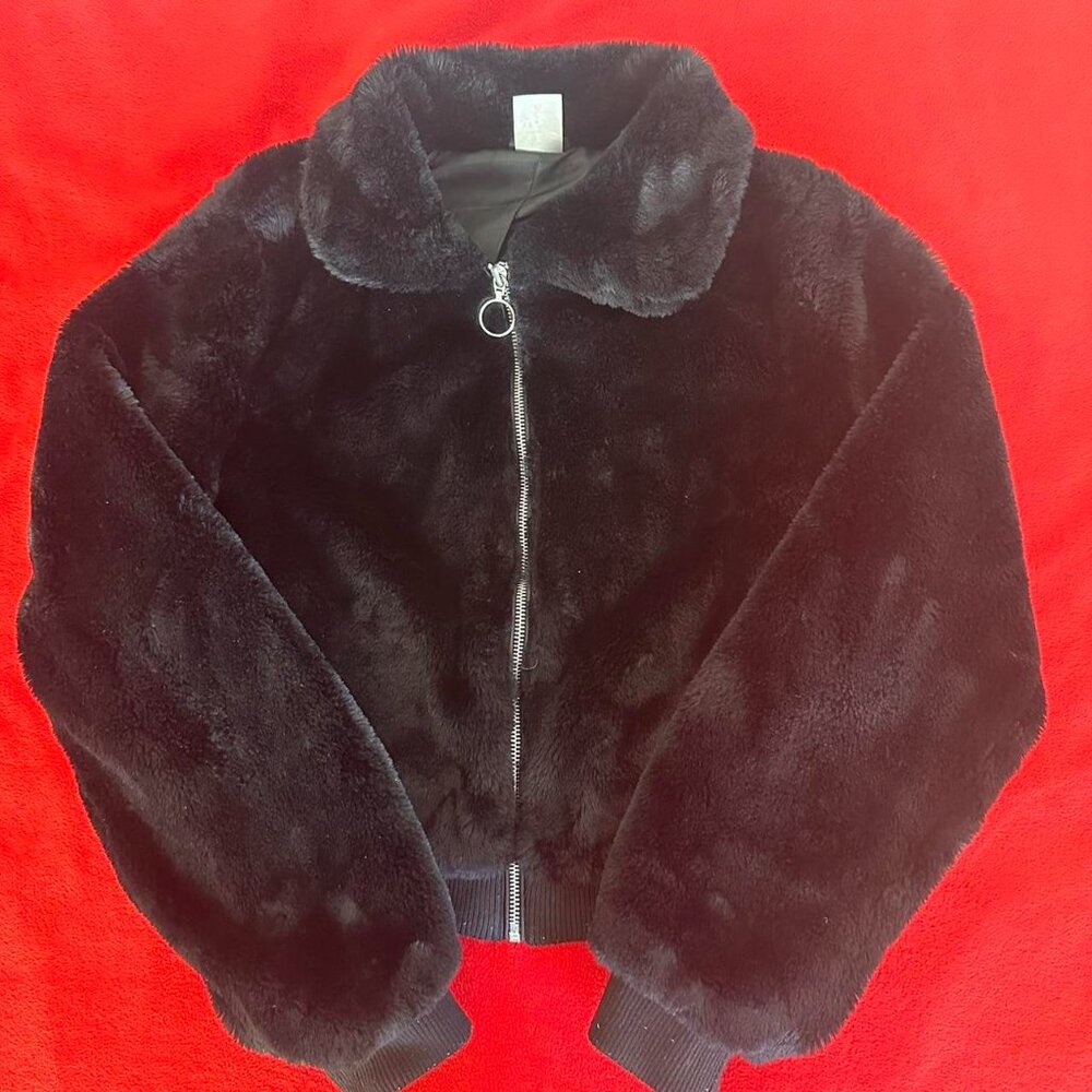 cropped black faux fur bomber jacket